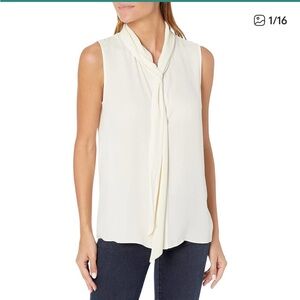 Theory Off-White Draped Tie-Neck Sleeveless Classic Silk Georgette Shell